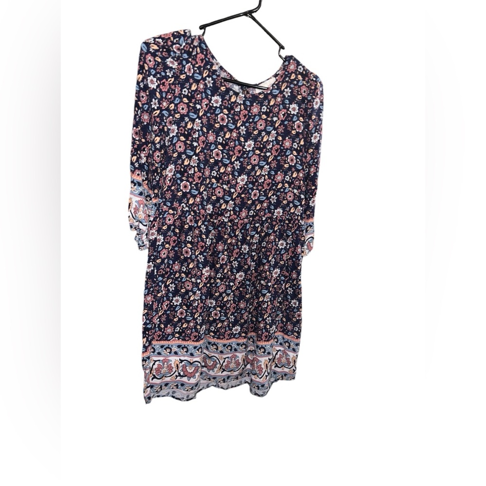 BEBOP Boho Short Blue Floral Print Dress with 3/4 Puffy Sleeve Size Large